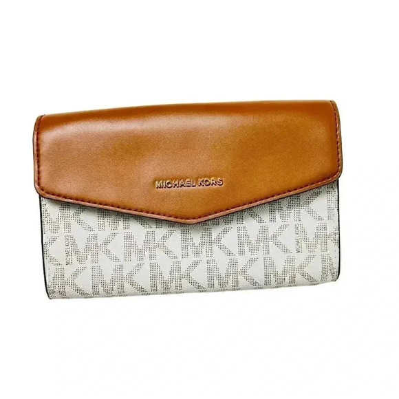 Michael Kors Handbags - Michael Kors Jet Set Small Beige Monogram Leather Shoulder Bag Gold Hardware